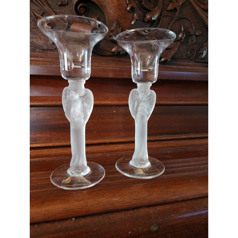 Schmid Folio Of France Hand Blown Frosted Angel Candle Stick Set Of 2- Vintage